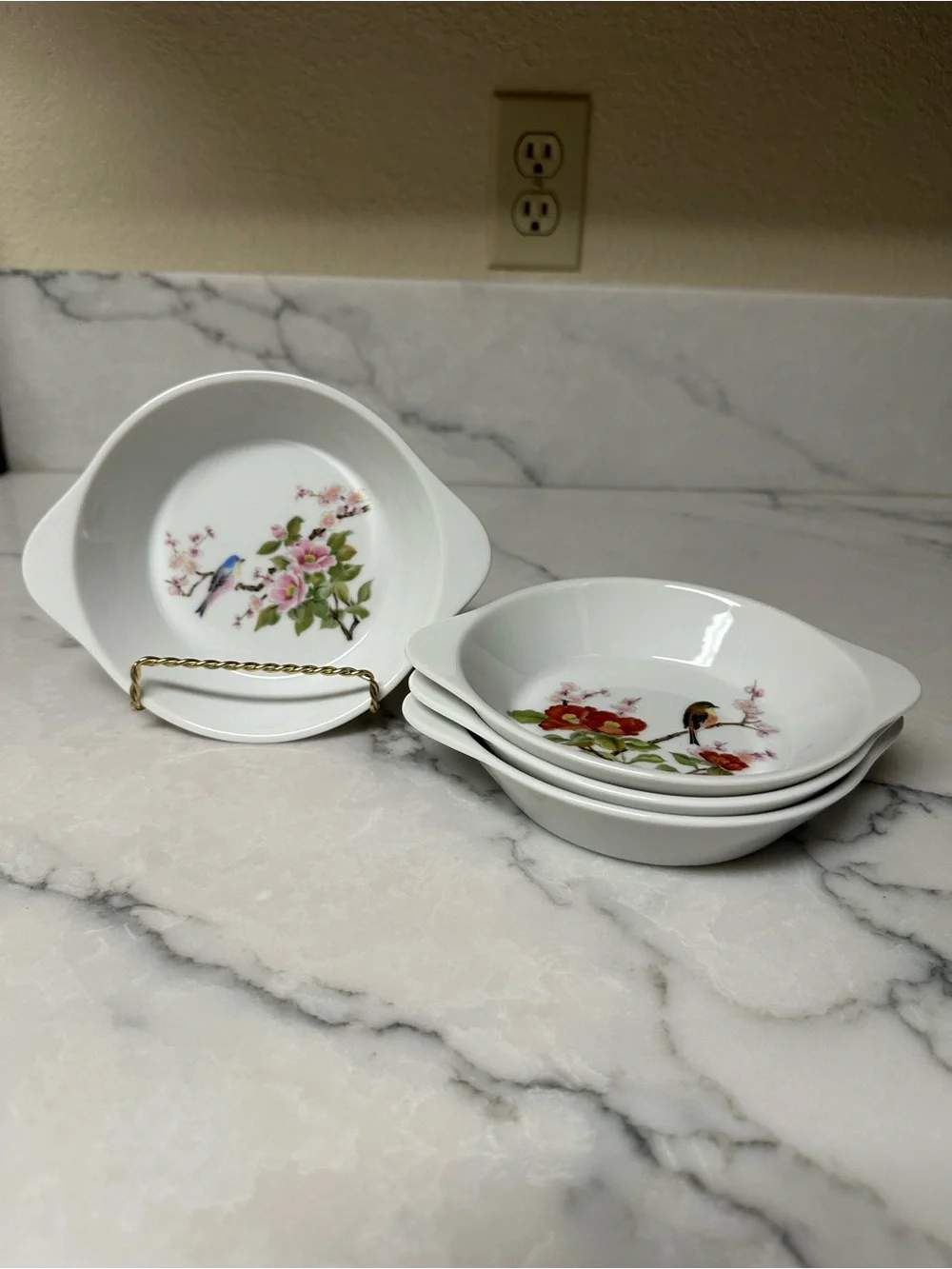 vintage botanical bird ramekins / individual casserole dishes.